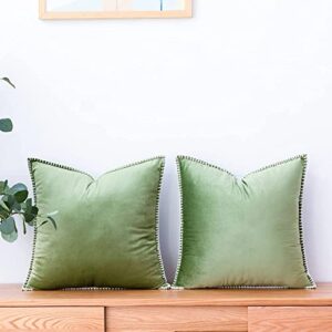 GAWAMAY Solid Soft Velvet Farmhouse Spring Pillow Covers 18x18 Set of 2,Decorative Green Throw Pillows with Chenille Edge,Square Boho Couch Pillows for Living Room Sofa Couch Beding(45x45cm) Green