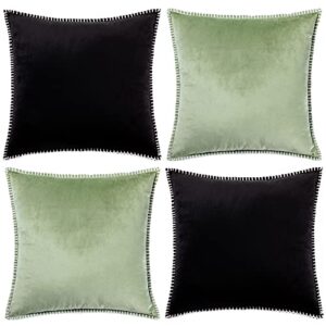 gawamay solid soft velvet farmhouse spring black pillow covers 18x18 set of 2,decorative green throw pillows with chenille edge,square boho couch pillows for living room sofa couch beding(45x45cm)