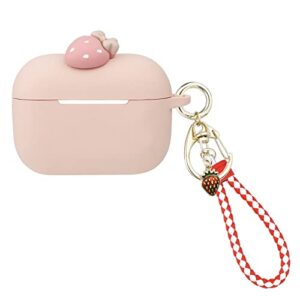 wonhibo cute strawberry airpods pro case for women girls, light pink kawaii fruit cover for apple airpod pro 2019 with keychain