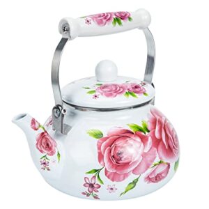 enamel tea kettle floral tea kettle for stove top tea kettle, 2. 5 l red rose printed vintage large enamel tea kettle for gas stove top with - handle, thickened kitchen teapot mini teapot stovetop
