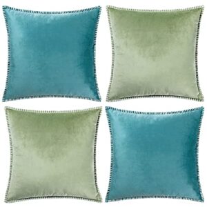 gawamay soft velvet farmhouse spring teal pillow covers 18x18 set of 2,decorative green throw pillows with chenille thread edge,square boho couch pillows for living room sofa couch beding(45x45cm)