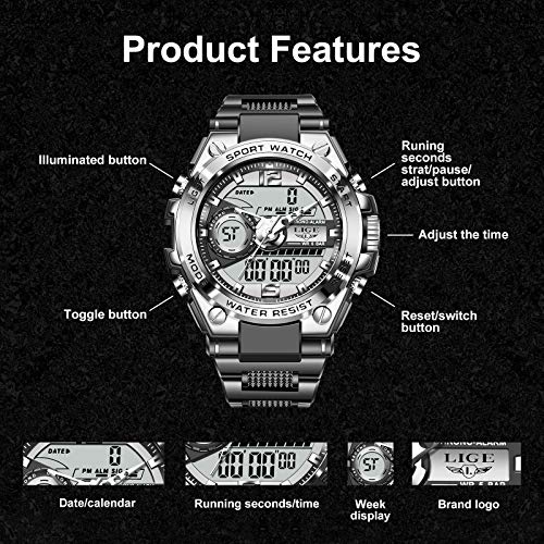 LIGE Digital Outdoor Sports Watches,50M Waterproof Military Luminous Digital Analog Mens Watches and Heavy Duty Electronic with Alarm, Stopwatch Calendar Clock Wristwatch