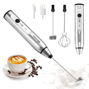 coffee frother handheld, usb-rechargeable hand frother with 2 stainless whisks, 3-speed adjustable handheld milk frother for cappuccinos, hot chocolate, milkshakes, egg mix (silver)