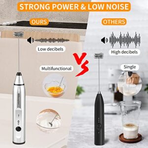 Coffee Frother Handheld, USB-Rechargeable Hand Frother with 2 Stainless Whisks, 3-Speed Adjustable Handheld Milk Frother for Cappuccinos, Hot Chocolate, Milkshakes, Egg Mix (Silver)