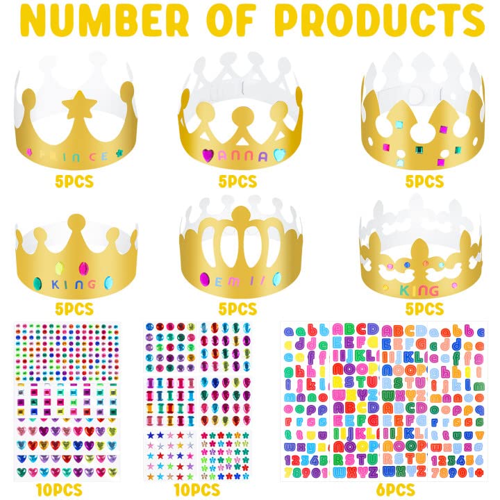 LOCOLO 40-Piece Paper Crowns for Kids to Decorate, 6 Designs Paper Crown Princess DIY Crown Set with Gem Stickers Sticker Letters DIY Paper Crowns for Kids Girls and Boys Crafts Crown Party Favor