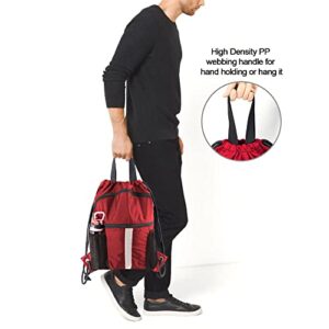 BeeGreen Red Drawstring Backpack Bag w Water Bottle Pockets Large String Workout Bag Sackpack w Zipper Pockets Shoe Compartment Swim Sports Cinch Bag for Gym Yoga