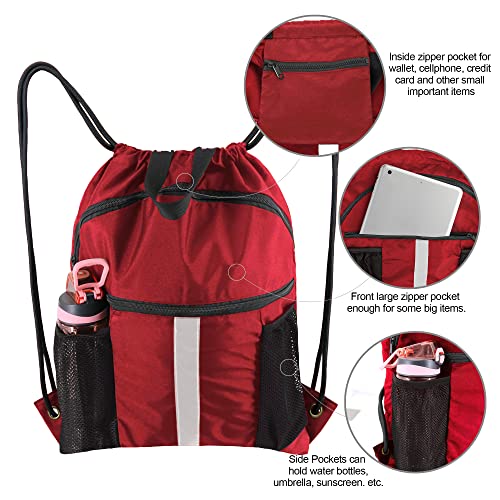 BeeGreen Red Drawstring Backpack Bag w Water Bottle Pockets Large String Workout Bag Sackpack w Zipper Pockets Shoe Compartment Swim Sports Cinch Bag for Gym Yoga