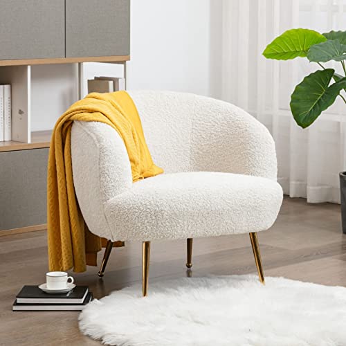 LukeAlon Faux Fur Single Sofa Chair, Upholstered Round Back Living Room Chair Comfy Accent Chair with Gold Metal Legs Leisure Armchair Modern Barrel Chair for Bedroom Reading Room, Creamy White