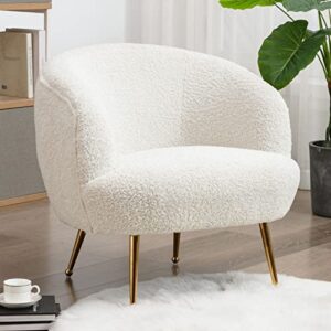 lukealon faux fur single sofa chair, upholstered round back living room chair comfy accent chair with gold metal legs leisure armchair modern barrel chair for bedroom reading room, creamy white