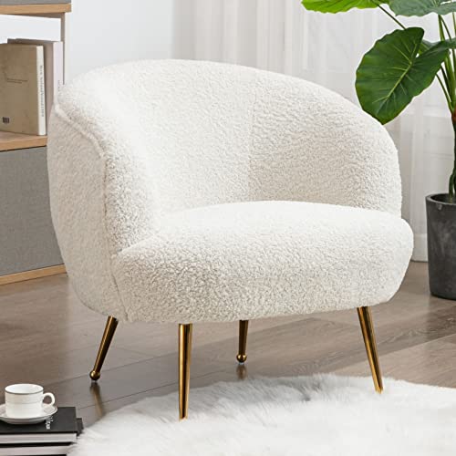 LukeAlon Faux Fur Single Sofa Chair, Upholstered Round Back Living Room Chair Comfy Accent Chair with Gold Metal Legs Leisure Armchair Modern Barrel Chair for Bedroom Reading Room, Creamy White