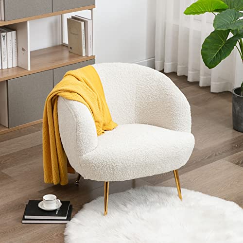 LukeAlon Faux Fur Single Sofa Chair, Upholstered Round Back Living Room Chair Comfy Accent Chair with Gold Metal Legs Leisure Armchair Modern Barrel Chair for Bedroom Reading Room, Creamy White