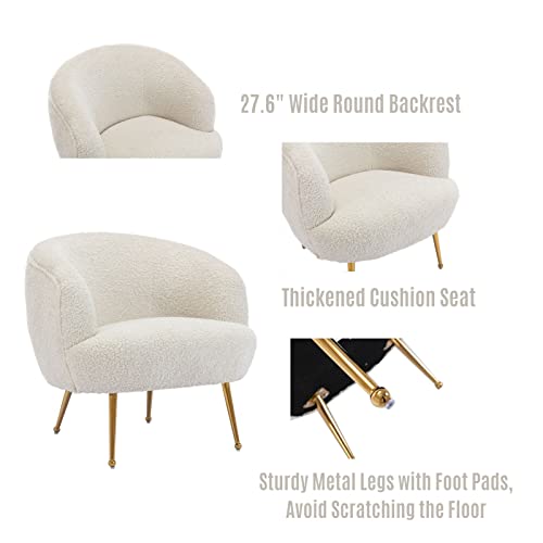 LukeAlon Faux Fur Single Sofa Chair, Upholstered Round Back Living Room Chair Comfy Accent Chair with Gold Metal Legs Leisure Armchair Modern Barrel Chair for Bedroom Reading Room, Creamy White