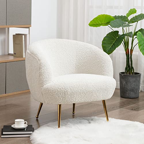 LukeAlon Faux Fur Single Sofa Chair, Upholstered Round Back Living Room Chair Comfy Accent Chair with Gold Metal Legs Leisure Armchair Modern Barrel Chair for Bedroom Reading Room, Creamy White