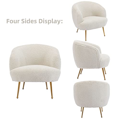 LukeAlon Faux Fur Single Sofa Chair, Upholstered Round Back Living Room Chair Comfy Accent Chair with Gold Metal Legs Leisure Armchair Modern Barrel Chair for Bedroom Reading Room, Creamy White