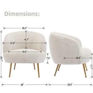 LukeAlon Faux Fur Single Sofa Chair, Upholstered Round Back Living Room Chair Comfy Accent Chair with Gold Metal Legs Leisure Armchair Modern Barrel Chair for Bedroom Reading Room, Creamy White