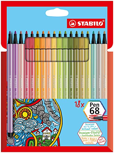 STABILO Premium Felt Tip Pen - Pen 68 - Wallet of 18 - Assorted Colors