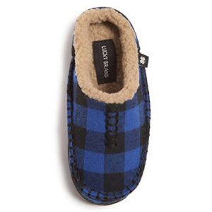 lucky brand boys buffalo plaid memory foam clog slippers, non slip rubber sole house shoes, cozy fluffy bedroom clogs, royal, size 5