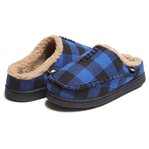 Lucky Brand Boys Buffalo Plaid Memory Foam Clog Slippers, Non Slip Rubber Sole House Shoes, Cozy Fluffy Bedroom Clogs, Royal, Size 5