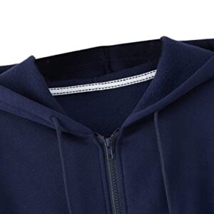 SweatyRocks Women's Long Sleeve Drawstring Full Zip Hooded Jacket Crop Sweatshirt Navy Blue L