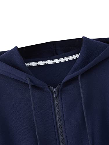 SweatyRocks Women's Long Sleeve Drawstring Full Zip Hooded Jacket Crop Sweatshirt Navy Blue L