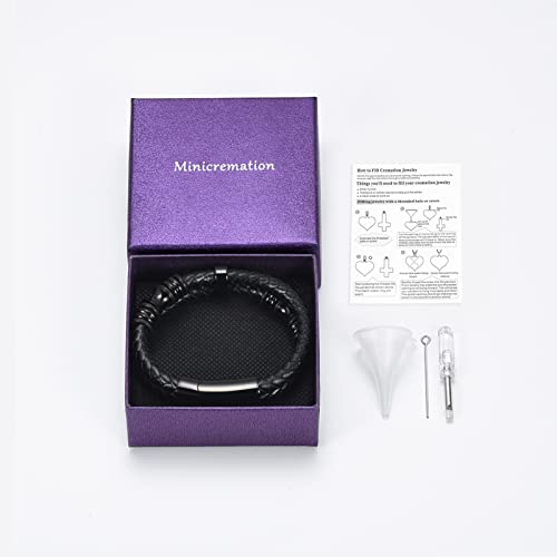 Minicremation Cremation Jewelry Urn Bracelet for Ashes Braided Leather Memorial Urn Bangle Ashes Holder for Men Women Keepsake Jewelry(Black 24cm)