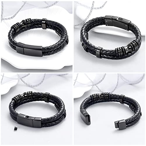 Minicremation Cremation Jewelry Urn Bracelet for Ashes Braided Leather Memorial Urn Bangle Ashes Holder for Men Women Keepsake Jewelry(Black 24cm)