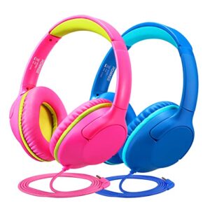 powmee [2pack] kids headphones over-ear headphones for kids/teens/school with 94db volume limited adjustable stereo 3.5mm jack wire cord for fire tablets/travel/pc/phones(rosered&blue)