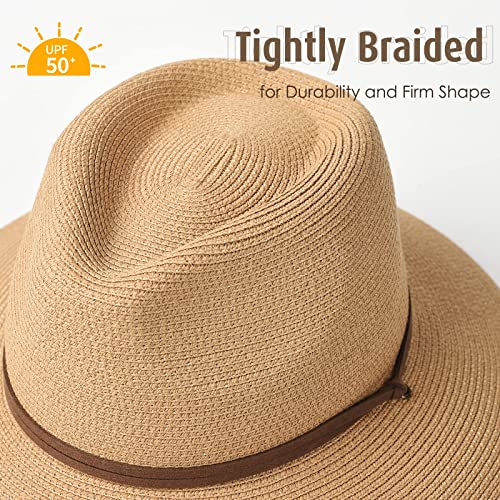 FURTALK Womens Summer Straw Sun Hats Wide Brim Panama Fedora Beach Hat with Wind Lanyard UPF 50+ Khaki