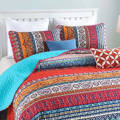 WONGS BEDDING Bohemian Quilt Set California King, Boho Striped Pattern Printed Quilt Coverlet for All Season, Soft Microfiber Boho Bedspread Set 96"x106"(3 Pieces, Blue)