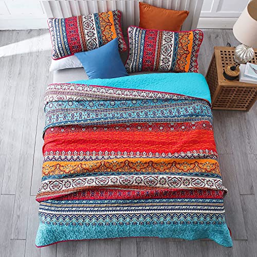 WONGS BEDDING Bohemian Quilt Set California King, Boho Striped Pattern Printed Quilt Coverlet for All Season, Soft Microfiber Boho Bedspread Set 96"x106"(3 Pieces, Blue)