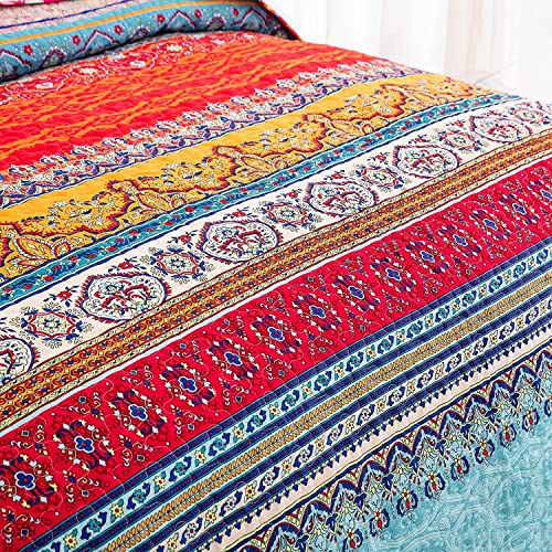 WONGS BEDDING Bohemian Quilt Set California King, Boho Striped Pattern Printed Quilt Coverlet for All Season, Soft Microfiber Boho Bedspread Set 96"x106"(3 Pieces, Blue)