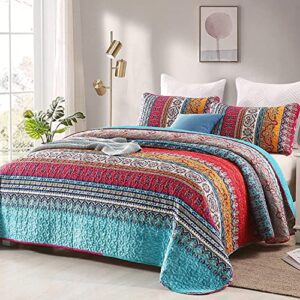 WONGS BEDDING Bohemian Quilt Set California King, Boho Striped Pattern Printed Quilt Coverlet for All Season, Soft Microfiber Boho Bedspread Set 96"x106"(3 Pieces, Blue)