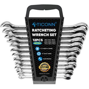 ticonn mechanic cr-v ratcheting wrench set with organizer rack, professional slim profile (12pcs mm (metric))