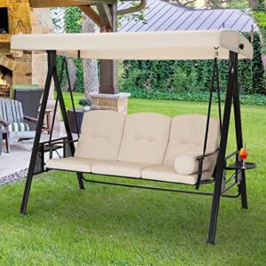 aecojoy 3-seat porch swing chair, patio swing chair with stand and removable cushions, outdoor canopy swing chair for outside, backyard, garden(beige cushion&steel frame)