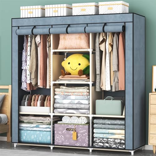 QLFJ-FurDec Portable Wardrobe Closet, 47 Inch Clothes Storage Organizer Shelves Rack, Non-Woven Fabric Cover Standing Closet with 2 Hanging Rods, Extra Durable, Quick and Easy Assembly(Gray)