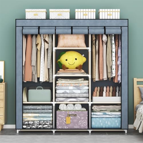 QLFJ-FurDec Portable Wardrobe Closet, 47 Inch Clothes Storage Organizer Shelves Rack, Non-Woven Fabric Cover Standing Closet with 2 Hanging Rods, Extra Durable, Quick and Easy Assembly(Gray)