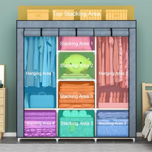 QLFJ-FurDec Portable Wardrobe Closet, 47 Inch Clothes Storage Organizer Shelves Rack, Non-Woven Fabric Cover Standing Closet with 2 Hanging Rods, Extra Durable, Quick and Easy Assembly(Gray)