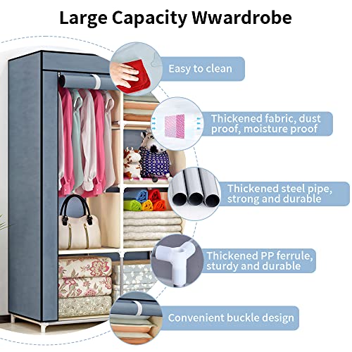 QLFJ-FurDec Portable Wardrobe Closet, 47 Inch Clothes Storage Organizer Shelves Rack, Non-Woven Fabric Cover Standing Closet with 2 Hanging Rods, Extra Durable, Quick and Easy Assembly(Gray)