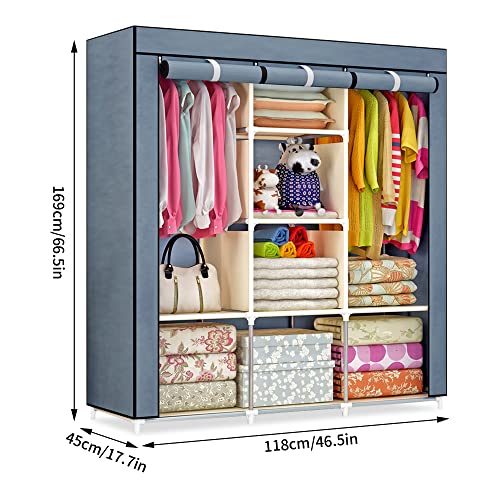 QLFJ-FurDec Portable Wardrobe Closet, 47 Inch Clothes Storage Organizer Shelves Rack, Non-Woven Fabric Cover Standing Closet with 2 Hanging Rods, Extra Durable, Quick and Easy Assembly(Gray)