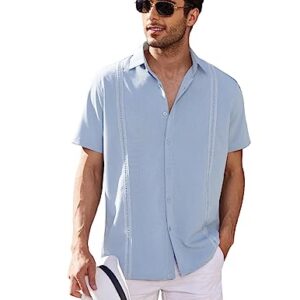 COOFANDY Men's Short Sleeve Guayabera Shirts Linen Cuban Camp Shirt~ Light Blue