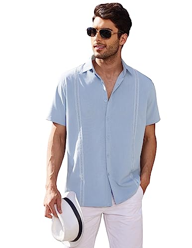 COOFANDY Men's Short Sleeve Guayabera Shirts Linen Cuban Camp Shirt~ Light Blue