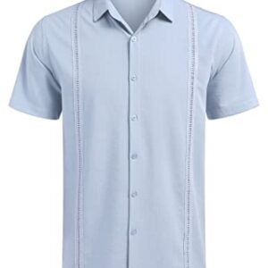 COOFANDY Men's Short Sleeve Guayabera Shirts Linen Cuban Camp Shirt~ Light Blue