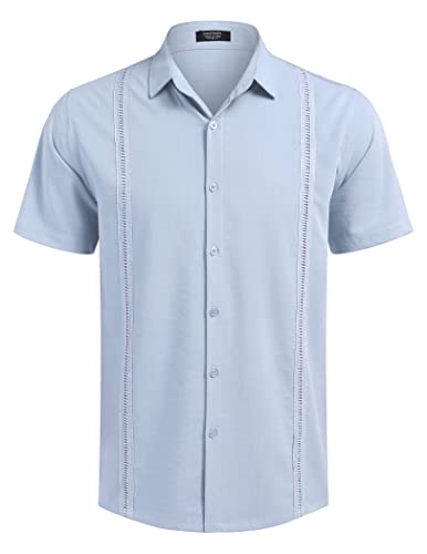 COOFANDY Men's Short Sleeve Guayabera Shirts Linen Cuban Camp Shirt~ Light Blue