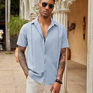 COOFANDY Men's Short Sleeve Guayabera Shirts Linen Cuban Camp Shirt~ Light Blue