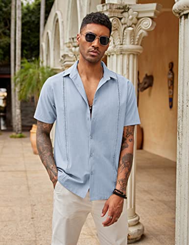 COOFANDY Men's Short Sleeve Guayabera Shirts Linen Cuban Camp Shirt~ Light Blue