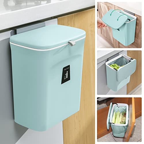 2.4 Gallon Kitchen Compost Bin for Counter Top or Under Sink, Hanging Small Trash Can with Lid for Cupboard/Bathroom/Bedroom/Office/Camping, Mountable Indoor Compost Bucket (Blue)