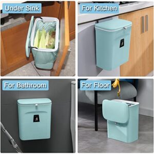 2.4 Gallon Kitchen Compost Bin for Counter Top or Under Sink, Hanging Small Trash Can with Lid for Cupboard/Bathroom/Bedroom/Office/Camping, Mountable Indoor Compost Bucket (Blue)