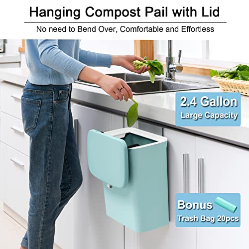 2.4 Gallon Kitchen Compost Bin for Counter Top or Under Sink, Hanging Small Trash Can with Lid for Cupboard/Bathroom/Bedroom/Office/Camping, Mountable Indoor Compost Bucket (Blue)