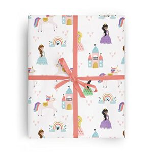 princesses and unicorns girl birthday gift wrap by revel—princess wrapping paper folded flat, 27 x 39 inches