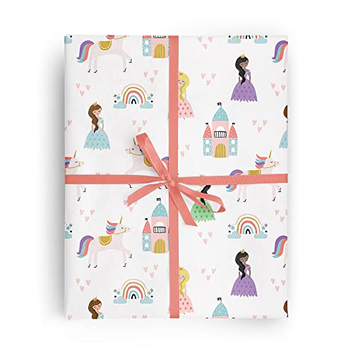 Princesses and Unicorns Girl Birthday Gift Wrap by Revel—Princess Wrapping Paper Folded flat, 27 x 39 inches